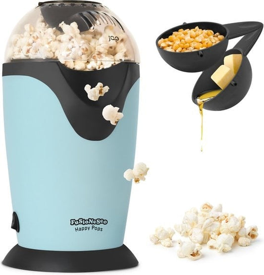 JAP Appliances Happy Pops - Retro-Popcornmaschine (2-3 Personen) 1200W - Inklusive Mess- und Butterschmelzlöffel - Fertig in 3 Minuten - Ã–lfrei - Blau