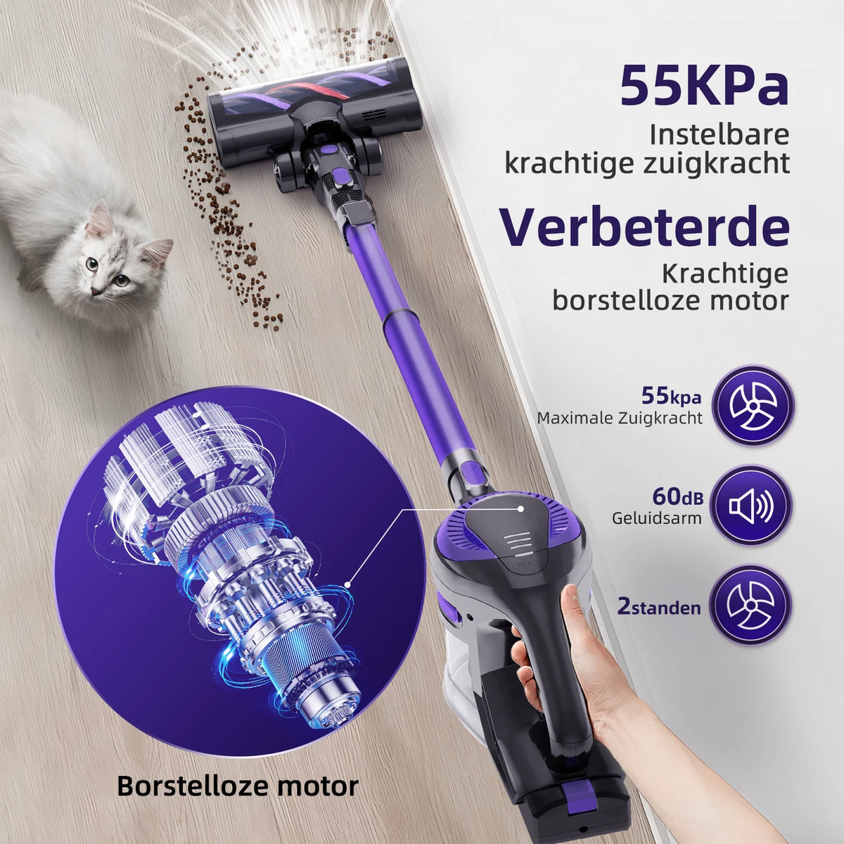 Daynee H75 Akku-Staubsauger – 55.000 Pa Saugkraft – Lila – HEPA-Filter – Schlauch und Tierhaarbürste – 44 x 30 x 19 cm