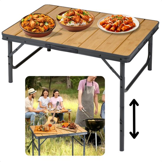 Cheqo® Klappbarer Bambus-Campingtisch – Zusammenklappbarer Campingtisch – Balkontisch – Gartentisch – Leicht und zusammenklappbar – Aluminiumgestell