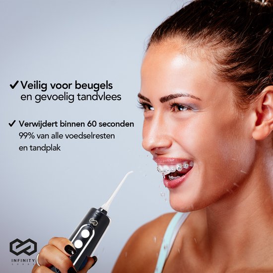 Infinity Goods Water Flosser - Oral Washer - Elektrische Zahnseide - Schnurlos und wiederaufladbar - 5 Aufsätze - Schwarz