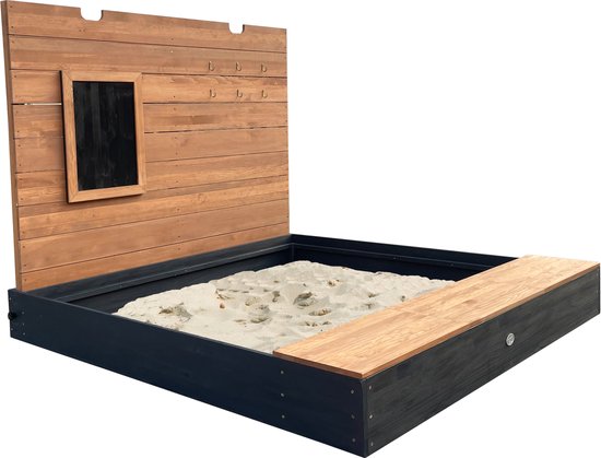AXI Mandy Sandkasten XXL mit Stauraum und Deckel – mit Bank und Kreidetafel – inklusive Bodenplane – 160 x 151 cm – Anthrazit/Braun