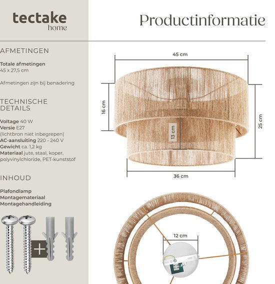 tectake Deckenleuchte im Boho-Stil - Hängeleuchte mit Jute-Lampenschirm - 40W