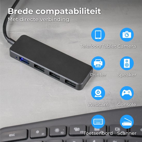 Nuvance - USB-3.0-Hub - 4 Anschlüsse - einschließlich USB-C-Konverter - USB-Splitter - Schwarz