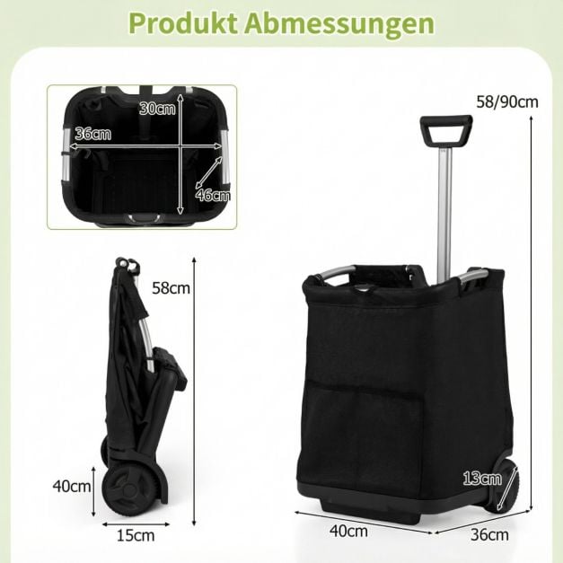 Coast Shopping Trolley Schwarz - faltbarer 50L Einkaufswagen mit 3 Fächern und verstellbarem Griff - 40 x 36 x 58/90 cm