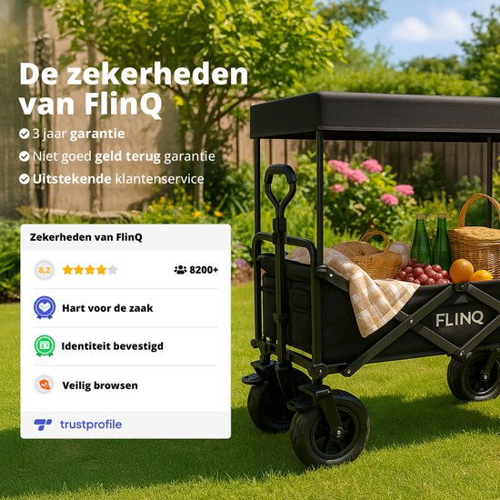 FlinQ Bolderkar mit Dach bis zu 130 KG - faltbar - Strandtrolley mit Schiebestange - zusammenklappbarer Strandtrolley - 100L Kapazität mit Schwenkrädern - Schwarz