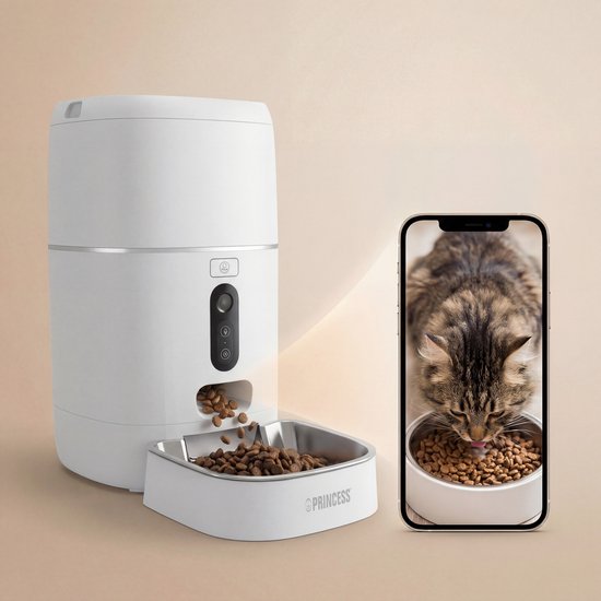 Princess Automatischer Fressnapf – HD-Kamera & Smart – 6 Liter – Katze & Hund – App-Steuerung – Geplante Fütterung – Edelstahlschüssel – Pufferbatterie – Futterautomat – Futterspender – 610065