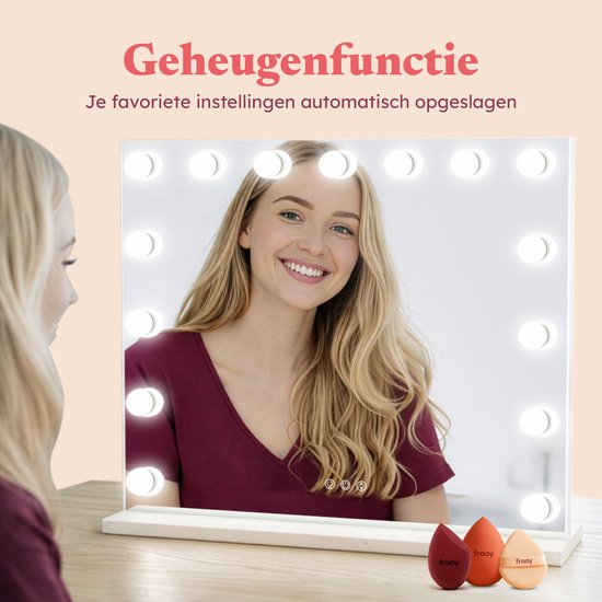 Fraay® Hollywood Spiegel mit Beleuchtung 60x50cm - 3 Lichtstufen - Luxus Make Up Spiegel mit 10-facher Vergrößerung Spiegel - LED Beleuchtung dimmbar - Inkl. 2 Beauty Blenders und Puderquaste