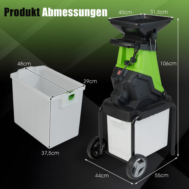 Coast Elektrischer Gartenhäcksler 3000 W – Äste bis 45 mm – 50 l – Grün