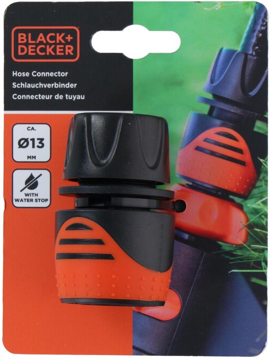 BLACK+DECKER Gartenschlauch-Kupplung 1/2'' - Gartenschläuche ⌀13mm - Integrierter Wasserstop - Kunststoff - Schwarz/Orange