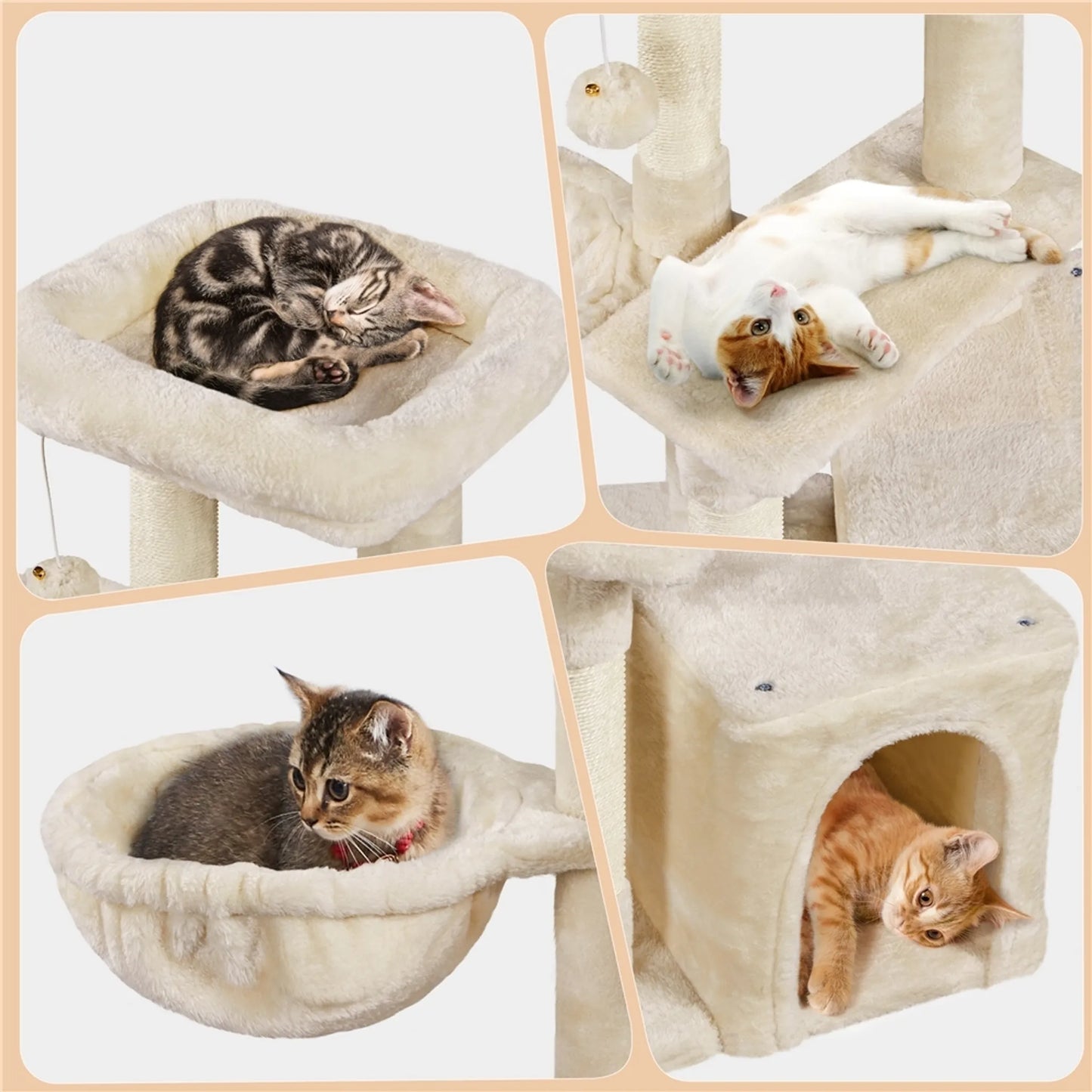 Yaheetech Kratzbaum mit 3 Ebenen - ausgestattet mit Sisalstangen und Katzenkorb und Hängematte und abnehmbarem Plüschball - für kleine und mittelgroße Katzen - beiger Plüsch und E1 Spanplatte - 51 x 34,5 x 87 cm