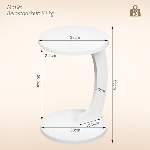 Woltu Beistelltisch C-Form - Runder Couchtisch - Skandinavisches Design - MDF Weiß - 38 x 55 cm