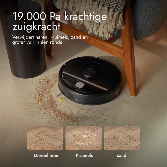 Bloomfold Roboterstaubsauger mit Wischfunktion und Entleerungsstation – 19.000 Pa Saugkraft – LiDAR-Navigation – 180 Minuten – Intelligenter KI-Roboterstaubsauger – Geeignet für Tierhaare