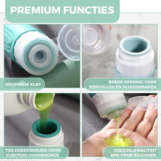 EverNeeds Reiseflaschen mit Etui - Nachfüllbar - Silikon-Reiseflaschen Handgepäck - Minze - 4 Stück
