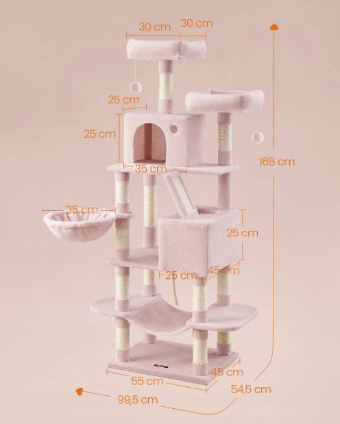 Joyfurnos L Kratzbaum 168 cm – Pastellrosa – Mehrstufig mit 13 Kratzstangen und Hängematte