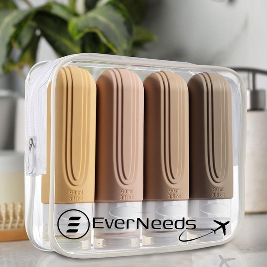 EverNeeds Reiseflaschen mit Etui - Nachfüllbar - Silikon-Reiseflaschen Handgepäck - Hell Apricot - 4 Stück