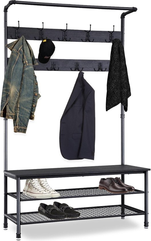 Goliving Garderobe XL - Garderobenständer - Schuhablage - Stehend - Industrieschrank - Metall/Holz - 100 x 41,5 x 182 cm - Schwarz