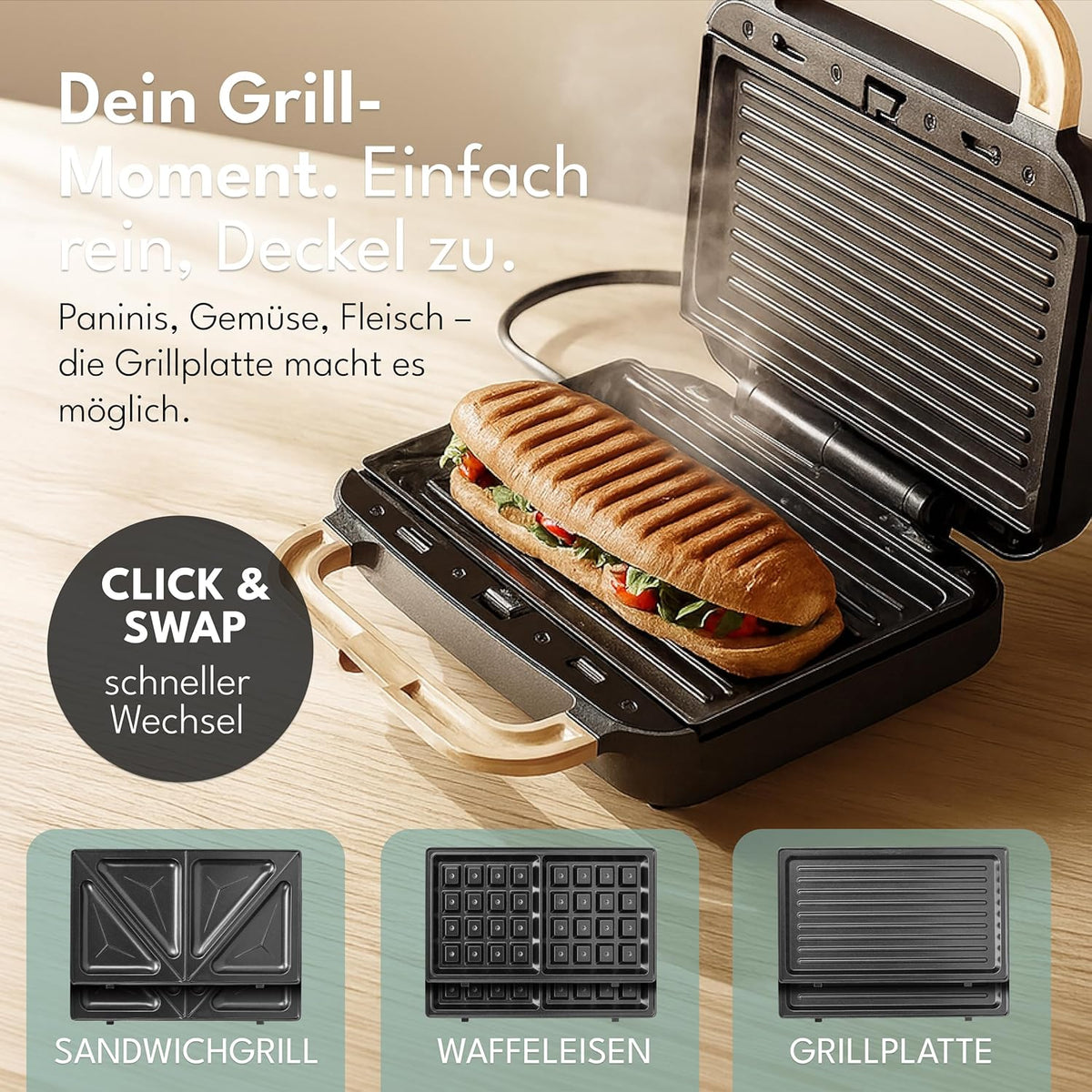 Lebenlang Sandwichmaker 3-in-1 - 23,9 × 23 × 12,2 cm - 750 W - Schwarz - Sandwich - Waffel - Grill