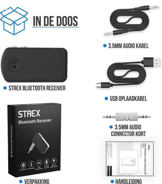 Strex Bluetooth-Empfänger - BT 5.0 - 3.5MM AUX - Bluetooth-Empfänger - Freisprecheinrichtung - Bluetooth-Audio-Empfänger - Bluetooth Auto über AUX