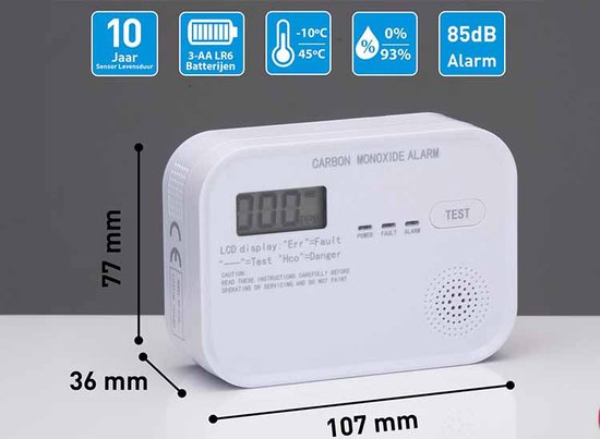 Grundig CO-Melder - Kohlenmonoxid-Melder mit 10-Jahres-Batterie - Co-Meter mit LCD-Display, Alarm bei niedrigem Batteriestand und Sensorfehleralarm - Co2-Melder 85dB Alarm - Wandmontage - Weiß