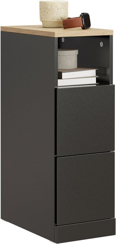 SoBuy Schmaler Nachttisch, schlanker Beistelltisch mit 2 Schubladen und offenem Fach, für Wohnzimmer, Schlafzimmer oder Büro, 20 x 35 x 60 cm, schwarz, FBT149-SCH