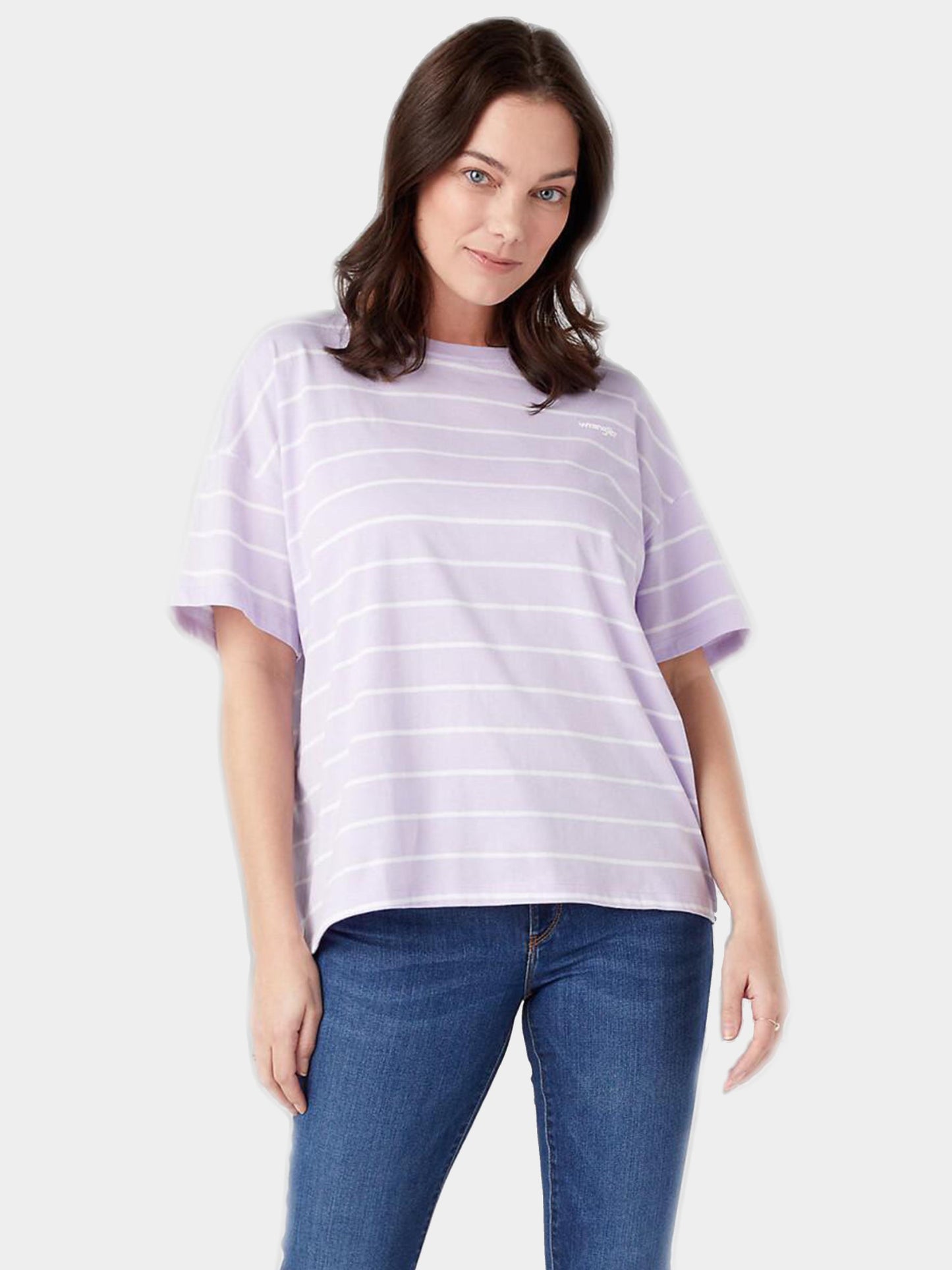 Wrangler Women's T-Shirt - Gestreift, Baumwolle, Größe L, Lavendel/Weiß - Oversized Fit, Länge 62 cm, Oberweite 55 cm