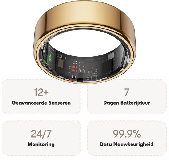 Focus® S1 Smart Ring - Gold - Größe 10 - Herzfrequenz - Menstruationszyklus - Schlafüberwachung - Smart Ring - Sport Performance - Schrittzähler - IP68 Wasserdicht - O2 Messung - Frauen - Männer - Wearables - Ladebox - Schutzring