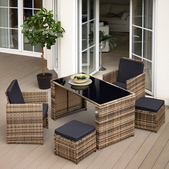 tectake - Geflechtsitzgruppe, 5-teiliges Lounge-Gartenmöbel-Set mit Tisch, Sessel und Hocker, Essgruppe für bis zu 4 Personen, Garten- und Balkonmöbel inkl. Kissen - grau - Poly-Rattan