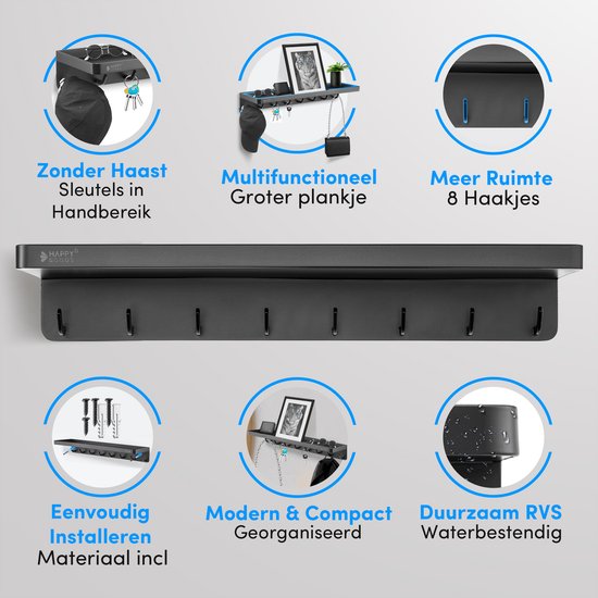 Happy Goods XL Schlüsselablage Schwarz- Schlüsselhalter- inkl. Schrauben - Edelstahl - Schlüsselschrank - Schlüsselablage mit Behälter