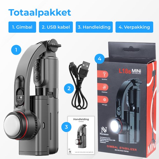 Nuvance - Gimbal Stabilisator für Smartphone - Selfie Stick - mit Stativ und Fernbedienung - Stativ