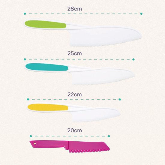 Qwali XL Montessori Kindermesserset - 9-teilig - inkl. Schneidebrett und Schürze - Sicher - Kochen - Besteck Messer - Messer für Kinder - Küchenmesser