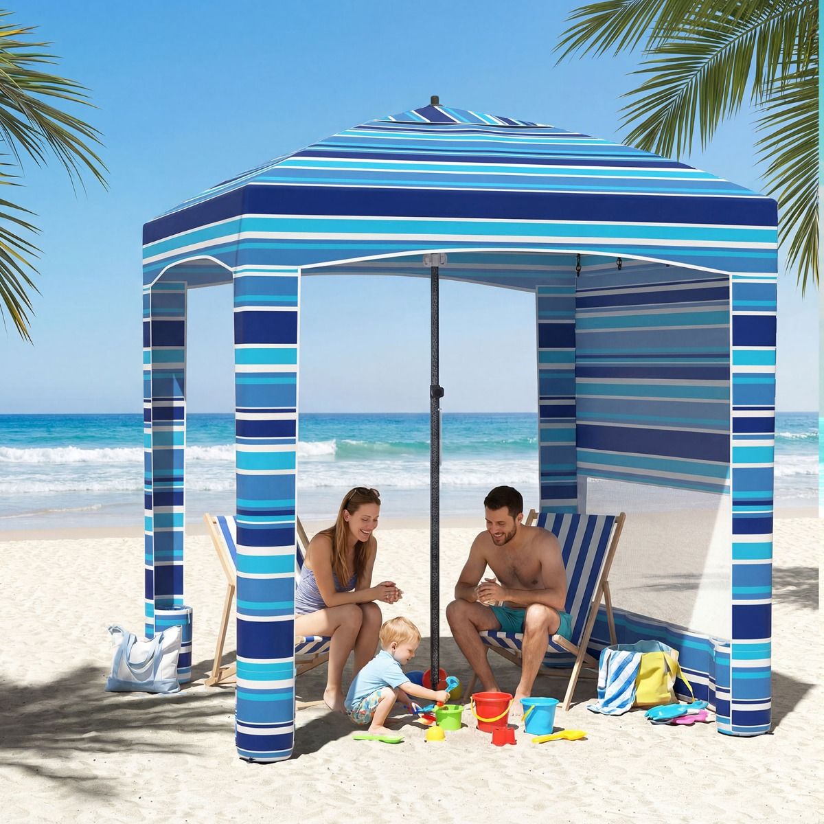 Coast Strandzelt – mit Seitenwand – höhenverstellbar – marineblau/rosa – 185 x 185 cm