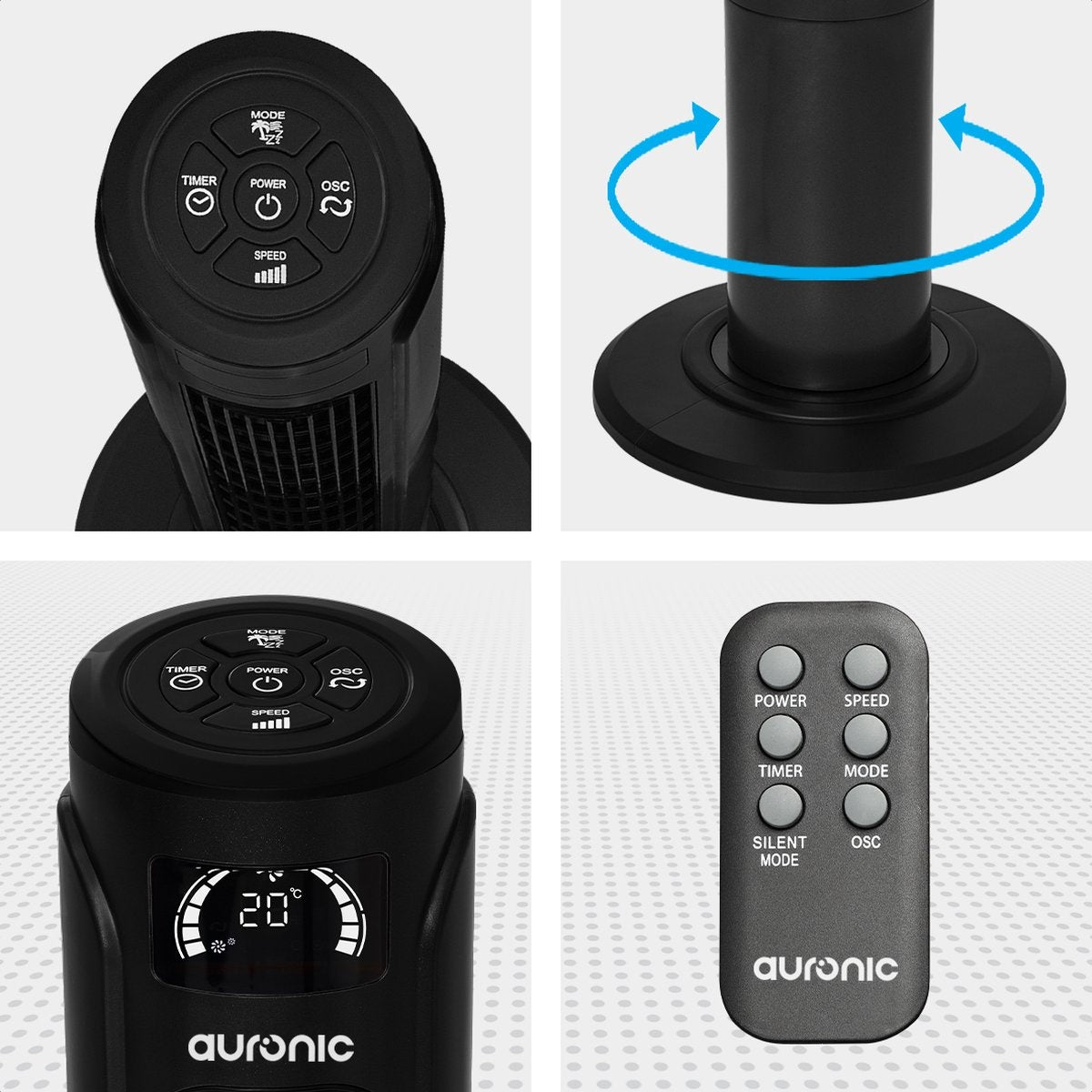 Auronic Tower Fan - Standventilator mit Fernbedienung - Timer - 55W - 45dB - 118cm - Schwarz
