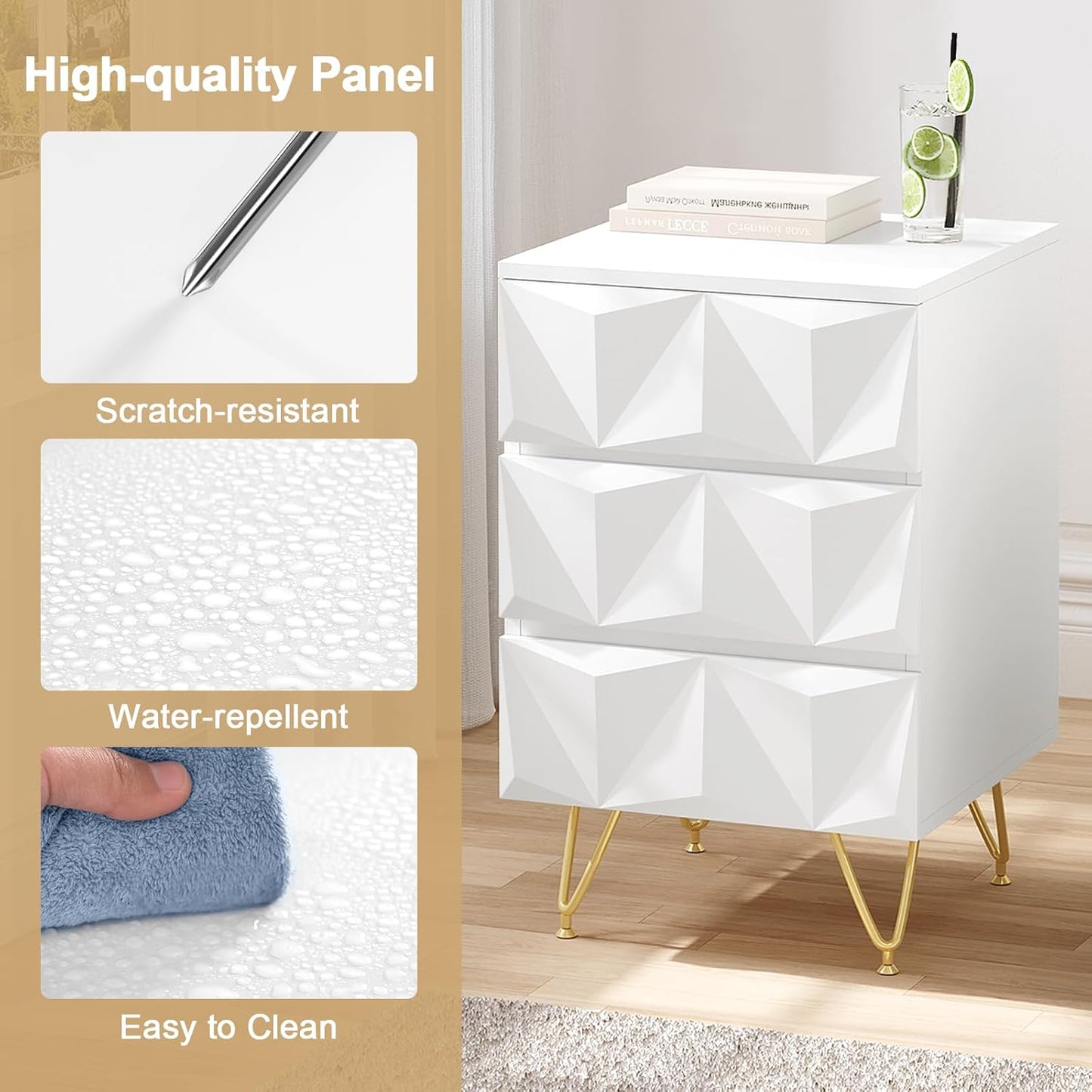Eugad Nachttisch mit 3 Schubladen - 40x40x62,5 cm - Weiß mit Gold - Modernes 3D Design