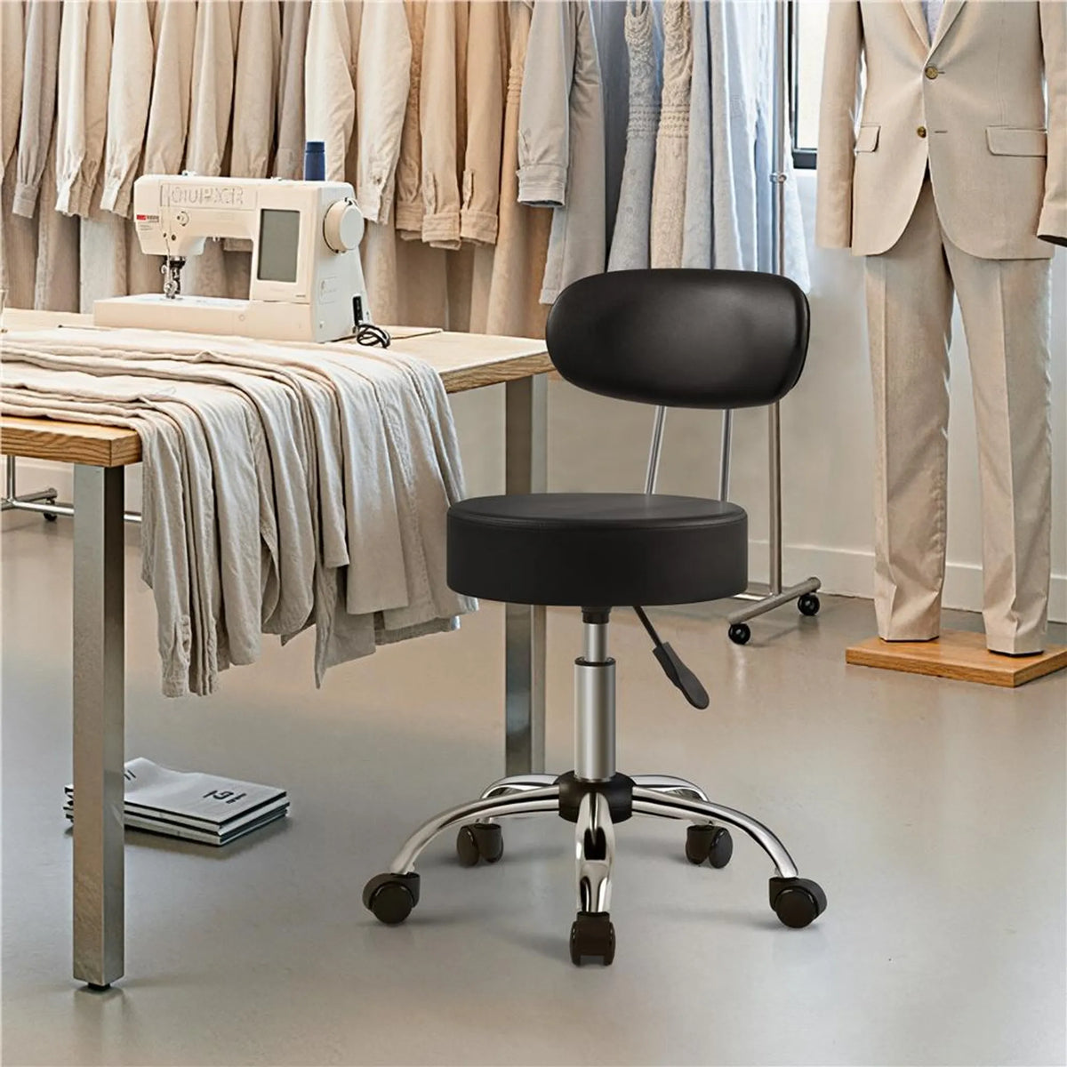 Yaheetech Barhocker Make-up Stuhl - 52 x 44,5 x 75,5-85 cm - Ausgestattet mit 10 cm dicken Sitzkissen und 360° Drehung und verchromtem Metallrahmen - Für Salon und Frisiertisch - Schwarzes Kunstleder und Metall