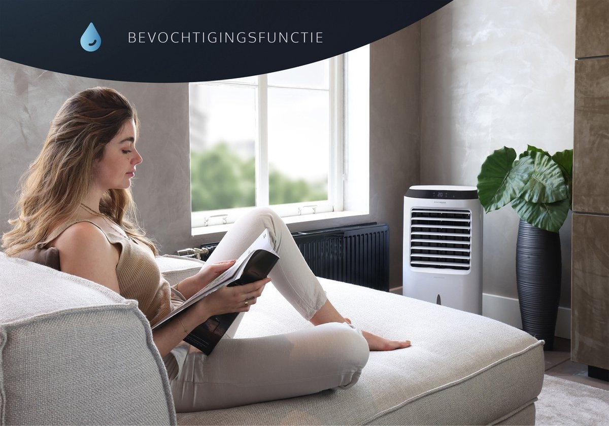 JAP Edmonton - 4in1 Mobiles Klimagerät mit Wasser - Fernbedienung und Timer - Inkl. Kühlelemente - Oszillierender Luftbefeuchter - Standventilator - Mattweiß