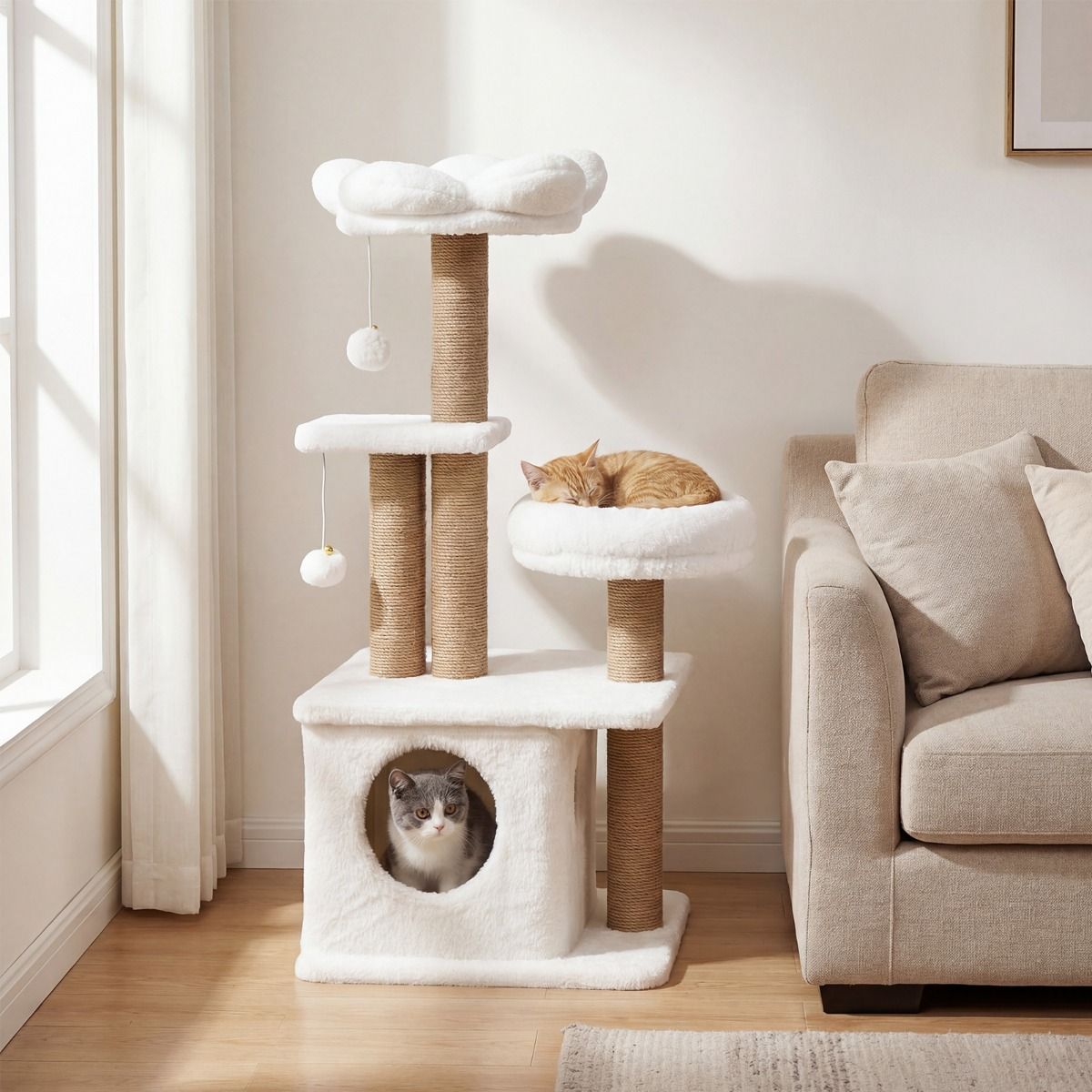 Coast Kratzbaum – blumenförmige Aussichtsplattform – Katzenhäuschen und Schlafplatz – beige, 96 cm