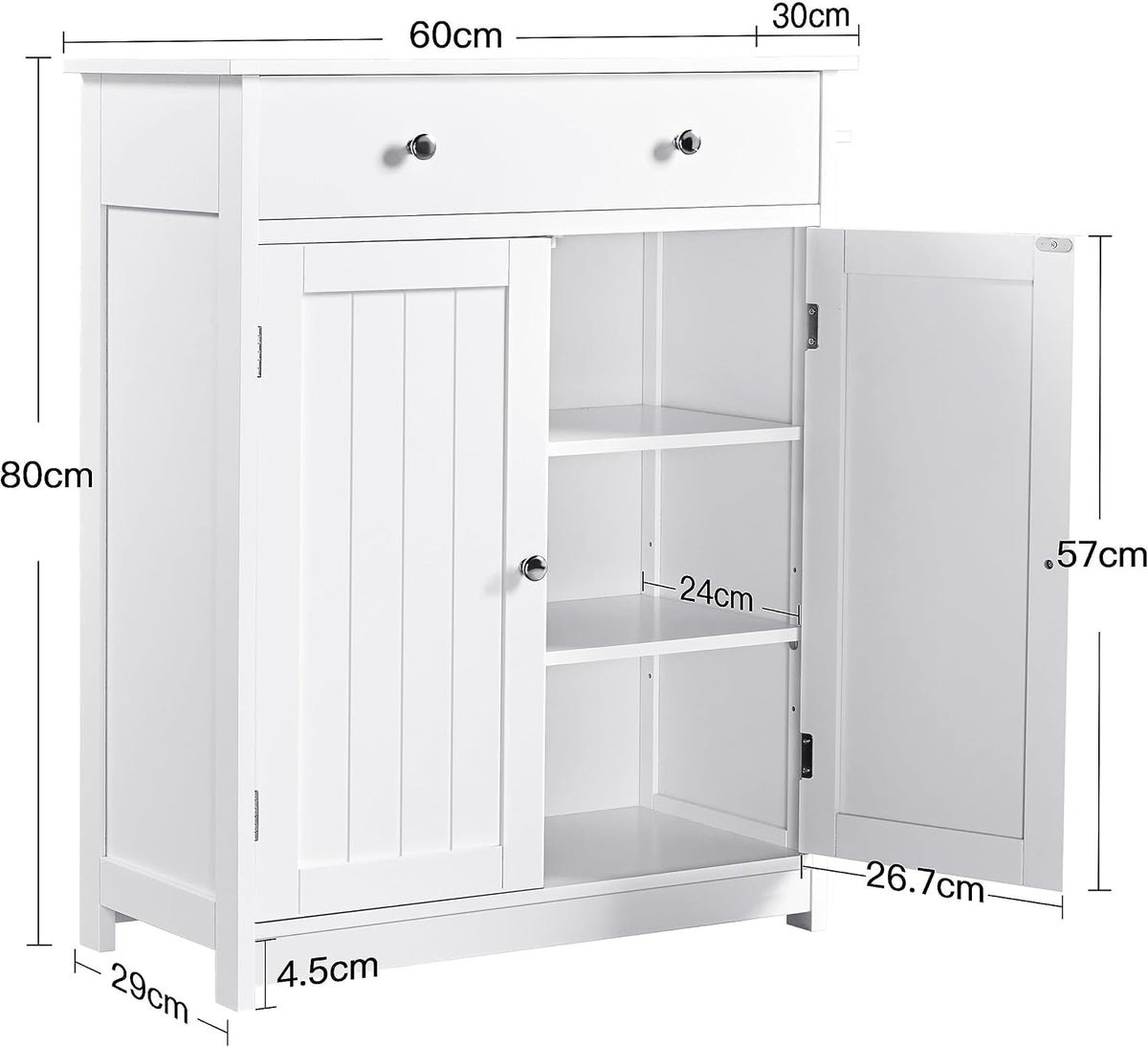 Yaheetech Badezimmerschrank 60 x 30 x 80 cm – Weiß – 2 Türen – Große Schublade – Verstellbare Einlegeböden