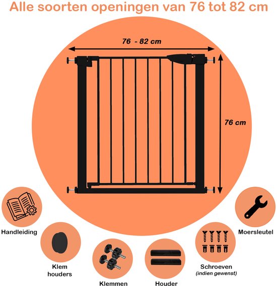 Treppengitter ohne Bohren – 76 bis 82 cm – Sicherheitsgitter – Klemmbefestigung – Kindergitter – Hundegitter – Schwarz