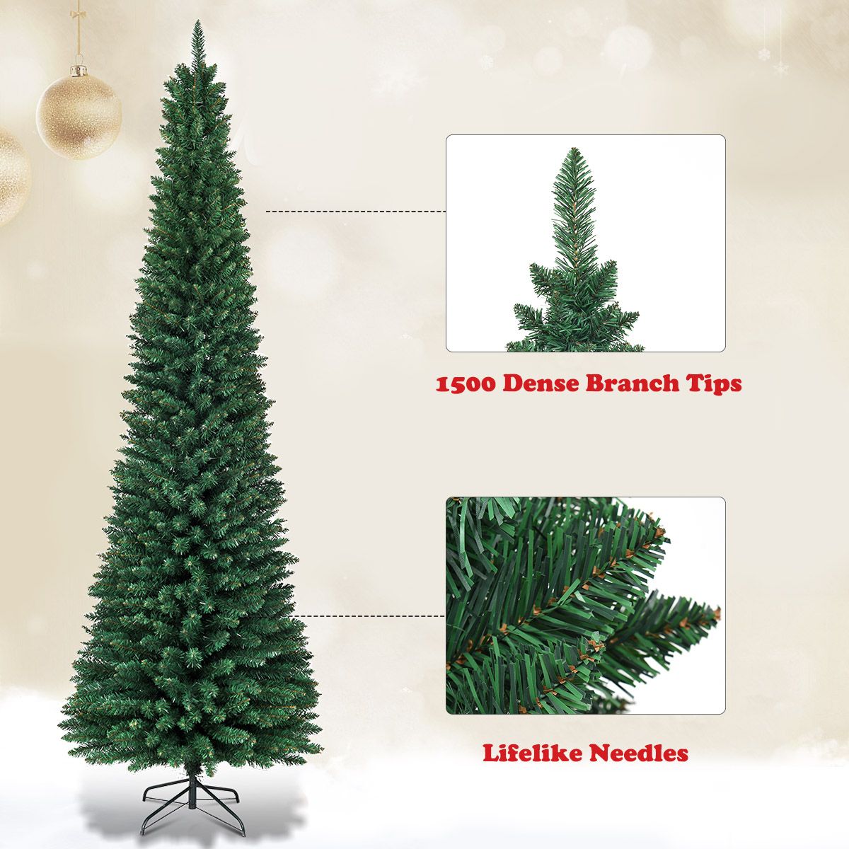 Coast Pencil Weihnachtsbaum 270 cm Grün - schlanker künstlicher Weihnachtsbaum mit Metallständer - 1500 Zweige