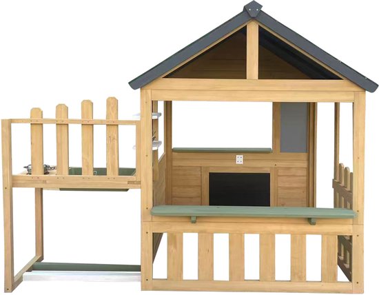 AXI Lizz Spielhaus Braun/Anthrazit – Holzspielhaus mit Spielküche, Kreidetafel, Spiegel, Blumentöpfen und Zubehör – FSC-zertifiziertes Holz – Gartenhaus für Kinder – 10 Jahre Garantie