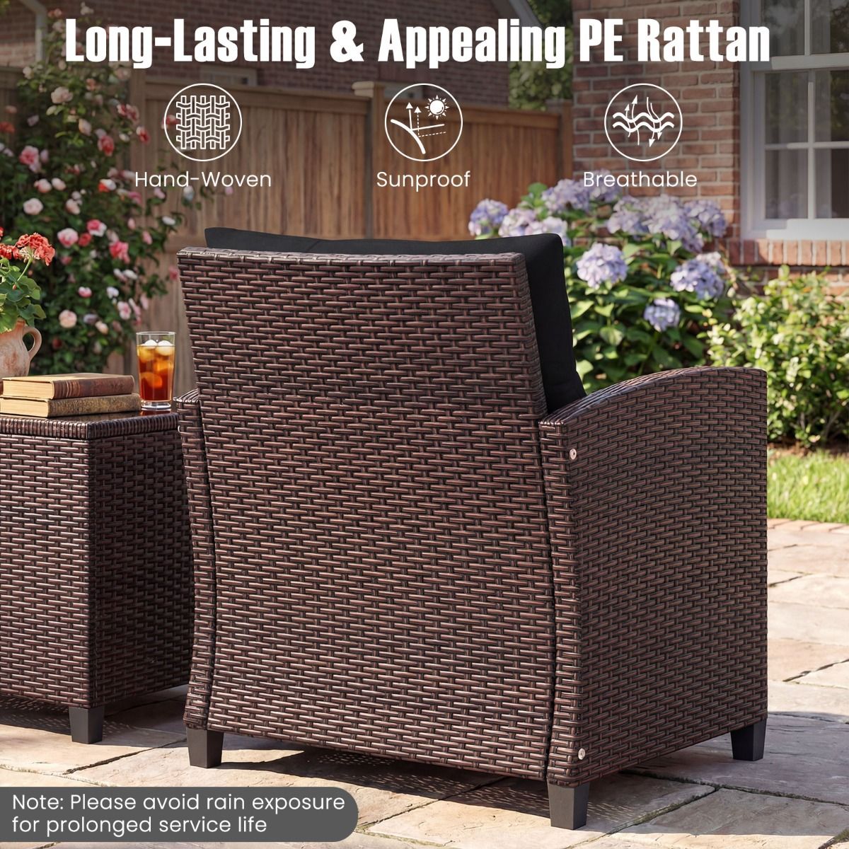 Coast 3-teiliges Gartenset – Rattan-Bistro-Set mit 2 Stühlen und einem Tisch – Hartglas und Kissen – schwarz