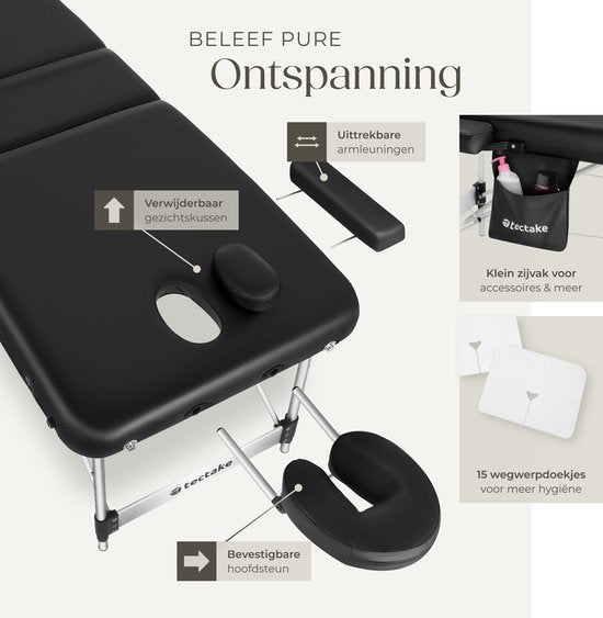 tectake 3 Zonen Massageliege - Behandlungsliege inkl. Tragetasche - 5 cm starke Polsterung - Aluminiumrahmen - 78 cm breit - 230kg Belastbarkeit - Inkl. 15 Kopfstützen - Schwarz