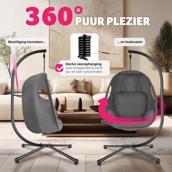 tectake Hängesessel mit Gestell - Schaukelstuhl mit Kissen + Rückenkissen - Möbel für Wohn- oder Schlafzimmer - Balkonmöbel - Für drinnen oder draußen - Bis 160 kg - Anthrazit