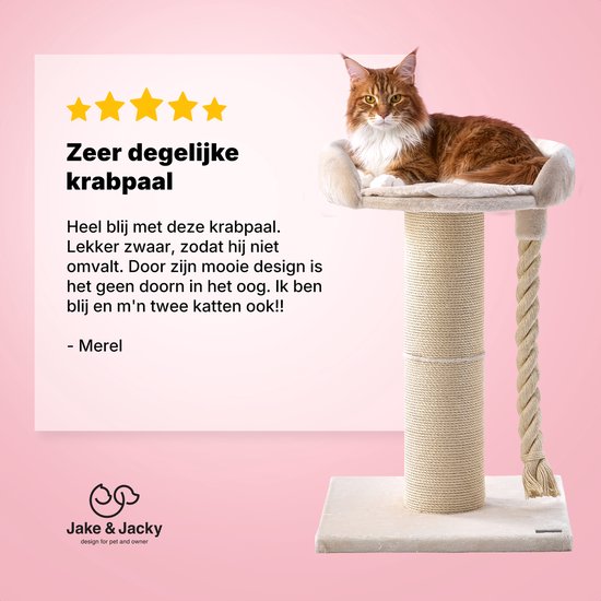 Jake und Jacky Kratzbaum für große Katzen mit Korb – mit Spielseil – Natur/Creme – 57 x 57 x 90 cm – Ø Sisal-Kratzbaum 20 cm