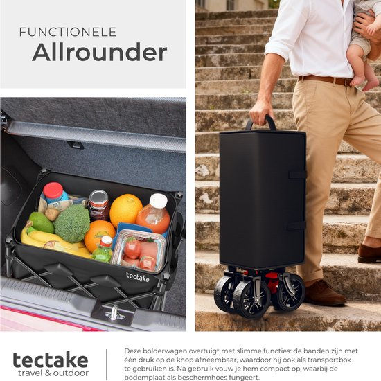 tectake® Handkarren – Zusammenklappbar – 80 kg Tragkraft – Schwenkbare Vollgummiräder mit Bremse – 45 x 88 x 95 cm - Handkarren – Transportwagen – Mit verstellbarer Schubstange – Handkarren – Wasserabweisender Transportwagen – Mit Ablagebrett und Innenfac