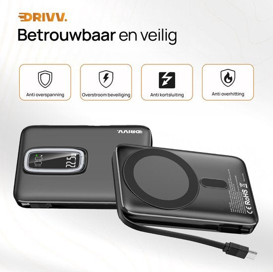 Powerbank 10.000 mAh, MagSafe-kompatibel, mit USB-C-Kabel – 3-in-1-Design – 22,5 W kabellose Powerbank – inklusive 60-W-Ladekabel – Schnellladefunktion – USB & USB-C – Schwarz