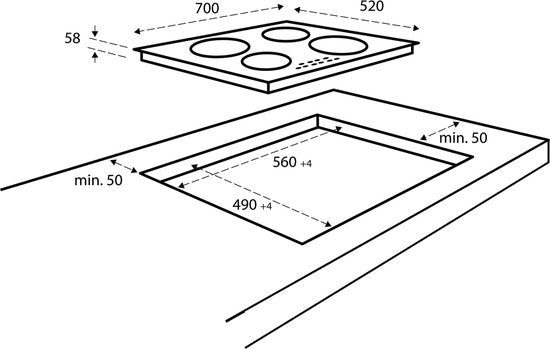 Inventum IKI7028 - Einbau-Induktionskochfeld - 70 cm - 4 Kochzonen - 1- oder 2-Phasen - Randlos - Schwarz
