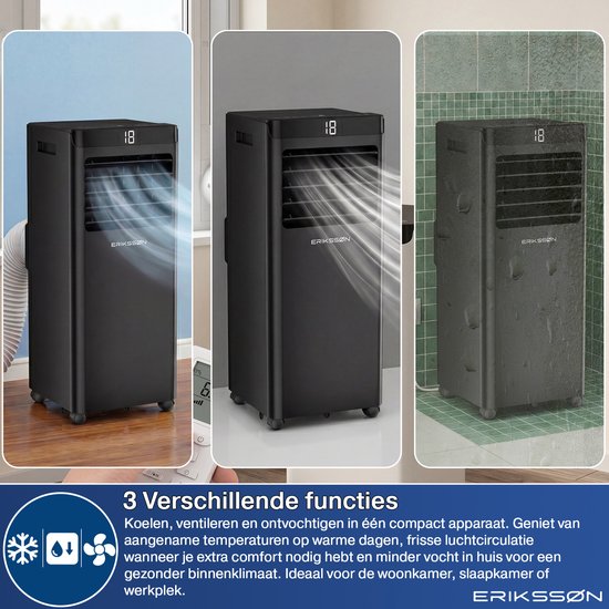 Erikssøn Mobile Klimaanlage – 10.000 BTU – inkl. Fensterdichtungsset – bis zu 30 m² – 4-in-1 – Klimaanlage – Ventilator – Luftentfeuchter – Schwarz