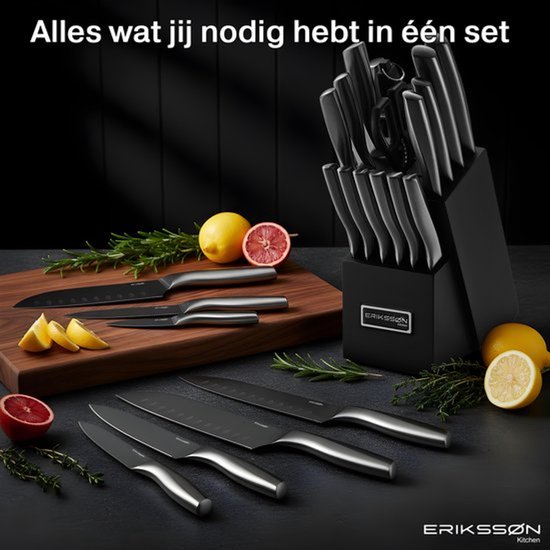Erikssøn Kitchen 16-teiliges Messerset mit Messerblock – BPA- und PFAS-frei – mit Block, Messerschärfer und Schere – Küchenmesser – Kochmesser – Fleischmesser – kratzfest – 3Cr13-Edelstahl – schwarz