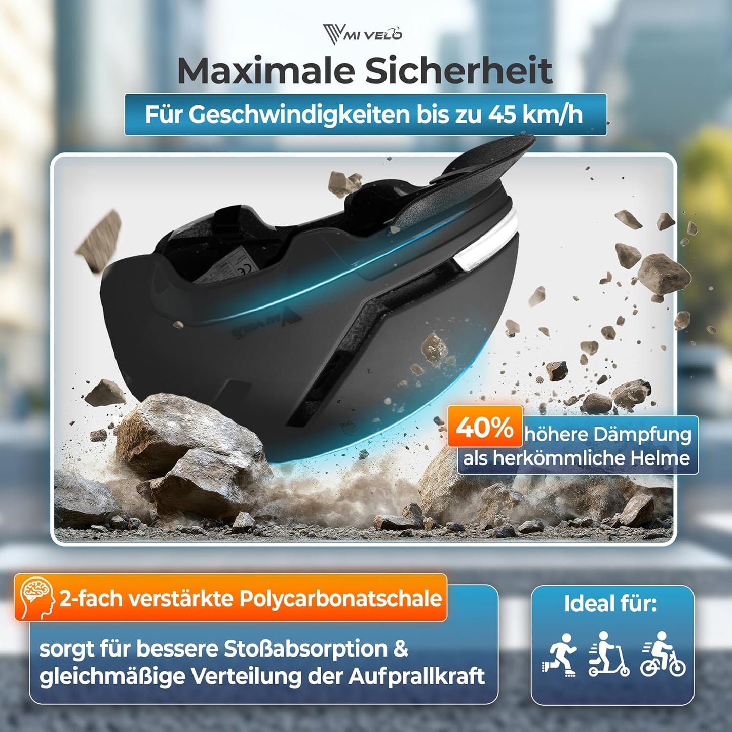 Mivelo Unisex-Radhelm NOVA - Mit Licht - NTA-zertifiziert bis zu 45km/h - Schwarz - Größe M (54-58 cm)